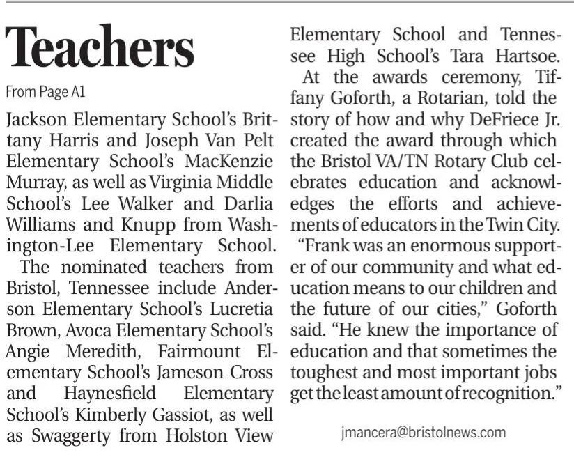 BHC Rotary Teacher of the Year story